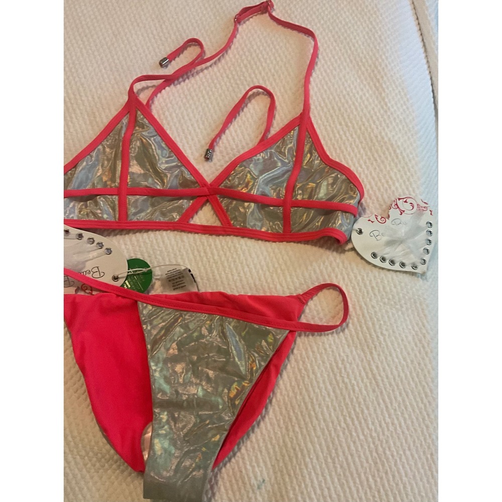 Beach Bunny Oasis Bikini Set, Hot Pink Silver, Top XL bottom L NWT